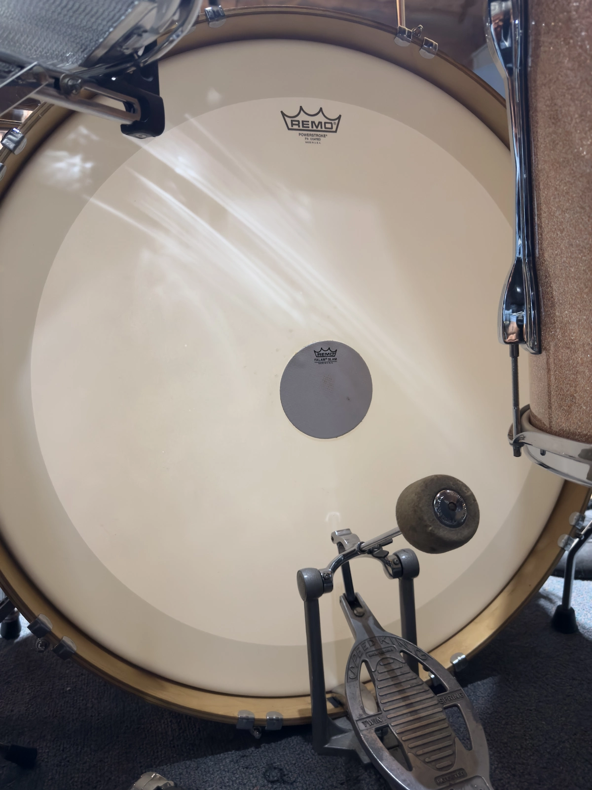 26-inch Ludwig bass drum batter head showing beater position and Falam Patch